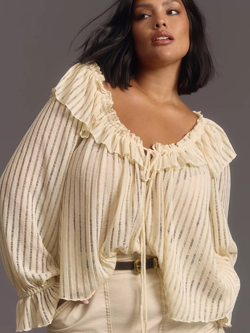 By Anthropologie Long Sleeve Sheer Striped Crop Blouse in Cream - L